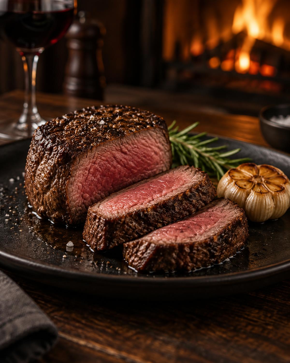 Black Angus Filet, medium rare serviert