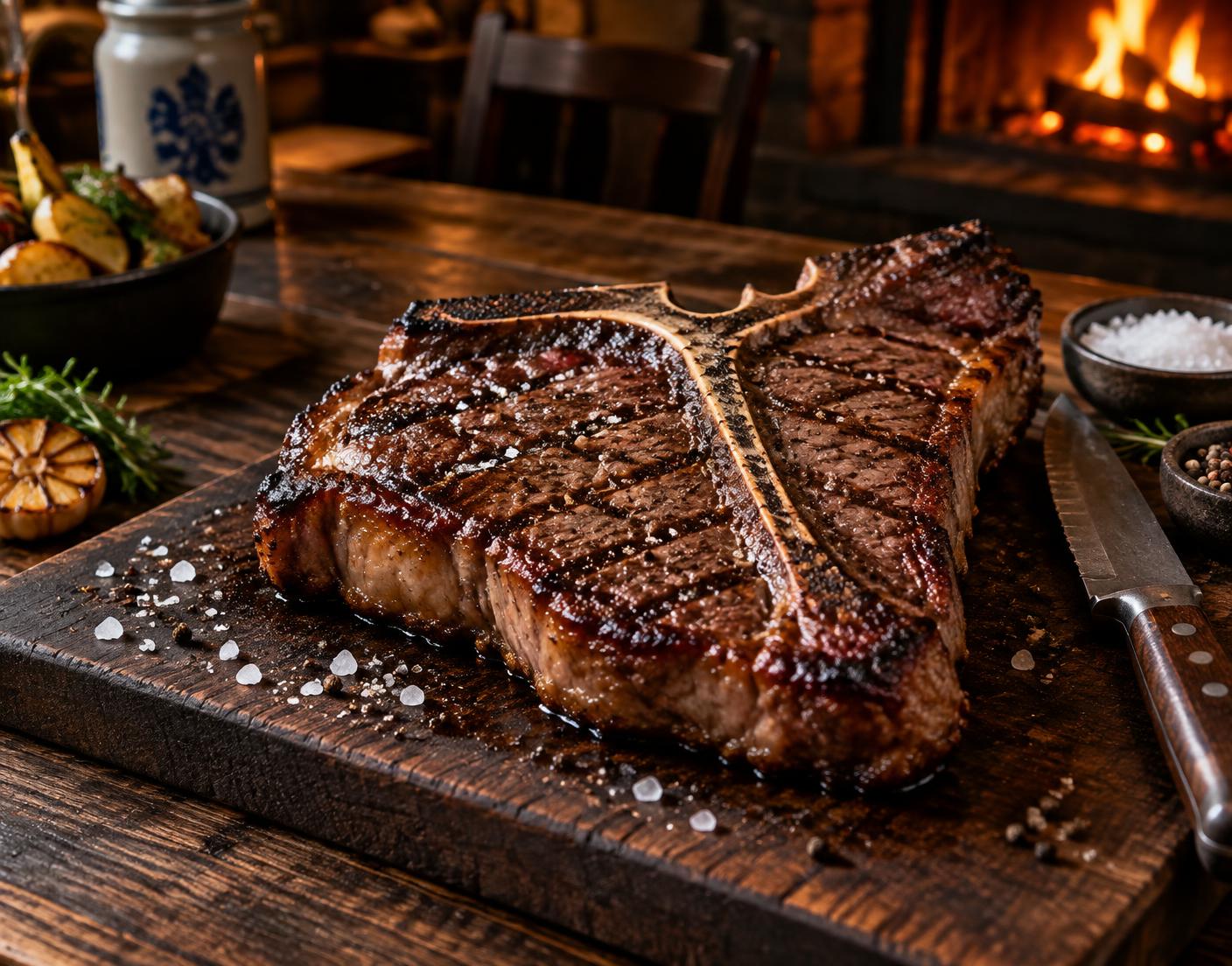 US T-Bone Steak auf dunklem Holzbrett